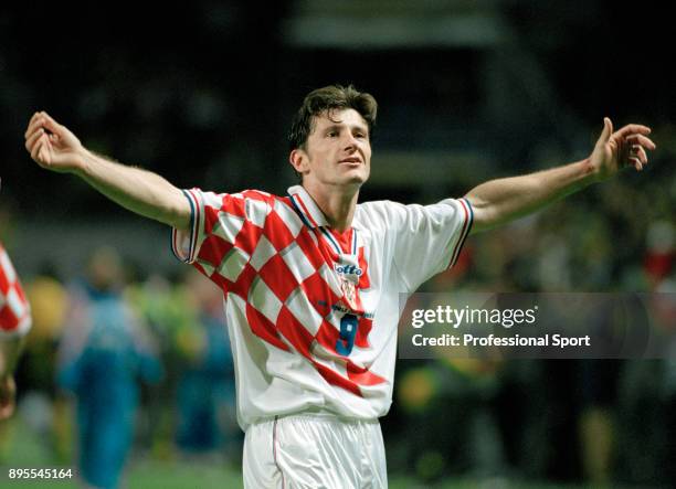 Davor Suker of Croatia celebrates his goal during the 1998 FIFA World Cup group match between Jamaica and Croatia at the Stade Félix-Bollaert on June...