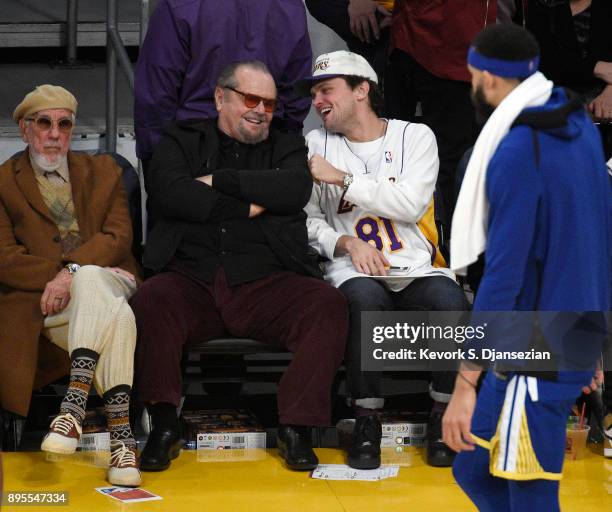 Record producer Lou Adler , actor Jack Nicholson and Ray Nicholson, attend a basketball game between the Golden State Warriors and Los Angeles Lakers...