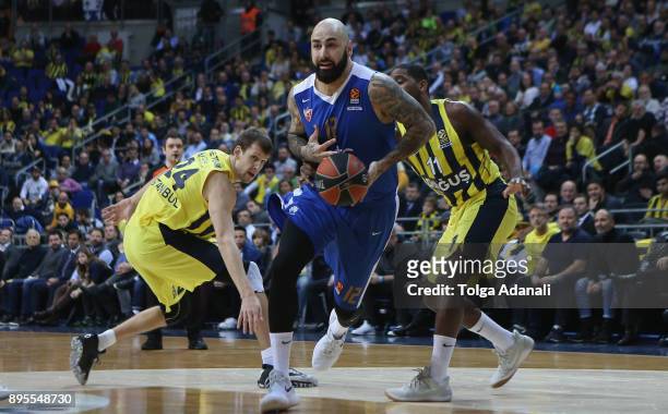 Pero Antic, #12 of Crvena Zvezda and Jan Vesely, #24 of Fenerbahce Dogus in action during the 2017/2018 Turkish Airlines EuroLeague Regular Season...