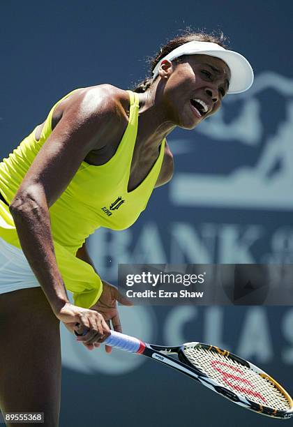 Venus Williams serves to Elena Dementieva of Russia in their semifinal match on Day 6 of the Bank of the West Classic August 1, 2009 in Stanford,...