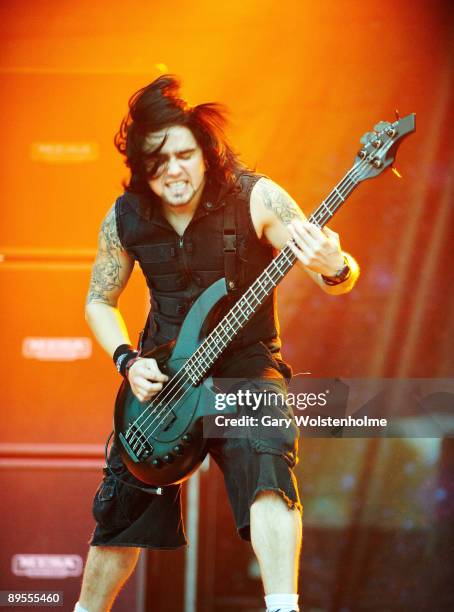 Jason James of Bullet for my Valentine performs on stage on the first day of Sonisphere at Knebworth House on August 1, 2009 in Stevenage, England.