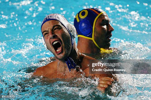 Slobodan Nikic of Serbia celebrates during the men's gold medal water polo match between Serbia and Spain during the 13th FINA World Championships at...