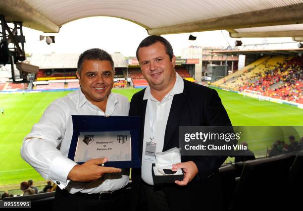 The Chairman of Watford Jimmy Russo and the Chairman of Parma Tommaso Ghirardi during the friendly match between Watford and Parma FC at the...
