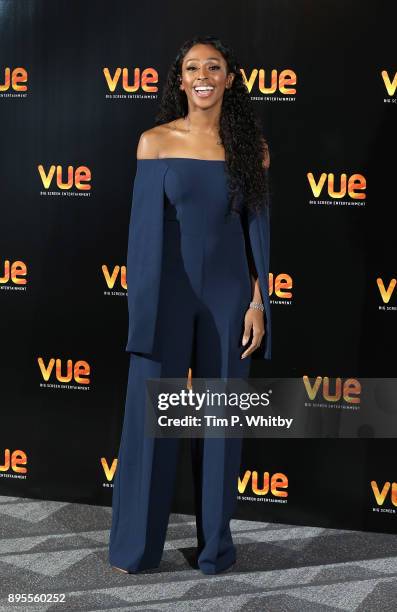 Alexandra Burke poses for a photograph ahead of hosting an advanced fan screening of Pitch Perfect 3 at Vue West End on December 19, 2017 in London,...