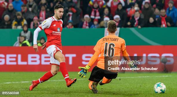 Suat Serdar of Mainz scores the third goal for his team against Ron-Robert Zieler of Stuttgart during the DFB Cup match between 1. FSV Mainz 05 and...