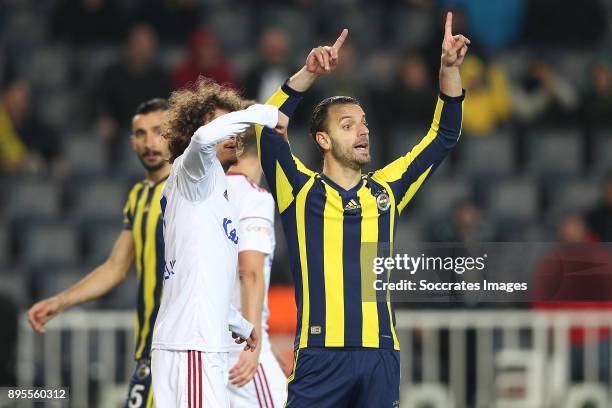 Osman Celik of Karabukspor, Roberto Soldado Rillo of Fenerbahce during the Turkish Super lig match between Fenerbahce v Karabukspor at the Sukru...