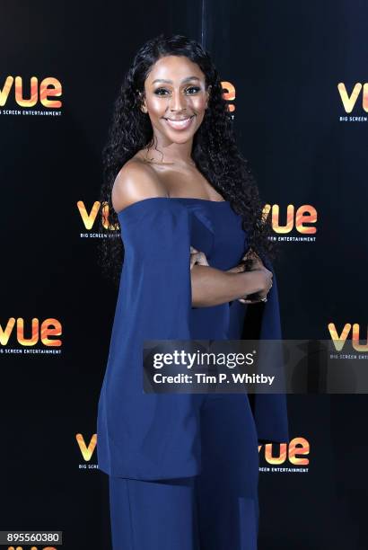 Alexandra Burke poses for a photograph ahead of hosting an advanced fan screening of Pitch Perfect 3 at Vue West End on December 19, 2017 in London,...