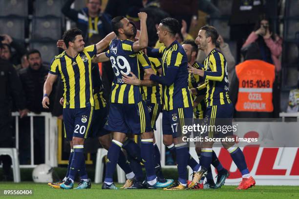 Mehmet Topal of Fenerbahce celebrates 1-0 with teammates during the Turkish Super lig match between Fenerbahce v Karabukspor at the Sukru...