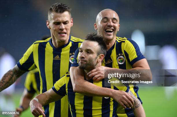 Mathieu Valbuena of Fenerbahce celebrates 2-0 with Aatif Chahechouhe of Fenerbahce during the Turkish Super lig match between Fenerbahce v...