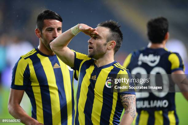 Mathieu Valbuena of Fenerbahce celebrates 2-0 during the Turkish Super lig match between Fenerbahce v Karabukspor at the Sukru Saracoglustadion on...