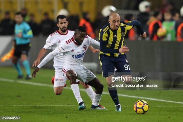 Andre Biyogo Poko of Karabukspor, Aatif Chahechouhe of Fenerbahce during the Turkish Super lig match between Fenerbahce v Karabukspor at the Sukru...