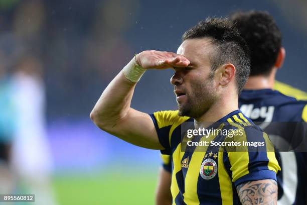 Mathieu Valbuena of Fenerbahce celebrates 2-0 during the Turkish Super lig match between Fenerbahce v Karabukspor at the Sukru Saracoglustadion on...