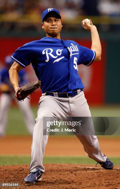 Pitcher Bruce Chen of the Kansas City Royals pitches against the Tampa Bay Rays during the game at Tropicana Field on August 1, 2009 in St....