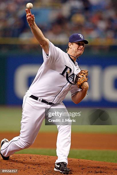 Pitcher Jeff Niemann of the Tampa Bay Rays pitches against the Kansas City Royals during the game at Tropicana Field on August 1, 2009 in St....