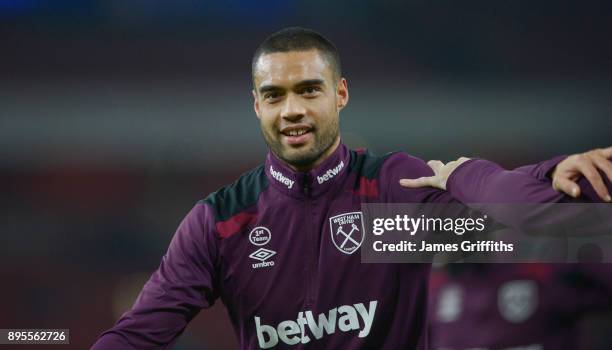 Winston Reid of West Ham United warms up prior to the Carabao Cup Quarter-Final match between Arsenal and West Ham United at the Emirates Stadium on...