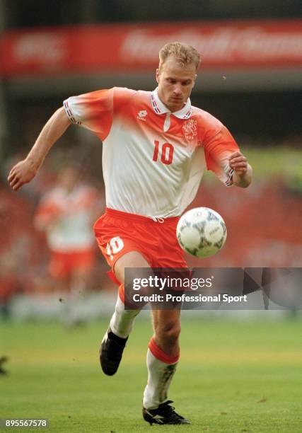 Dennis Bergkamp of the Netherlands in action during the UEFA Euro 96 group match between the Switzerland and the Netherlands at Villa Park on June...