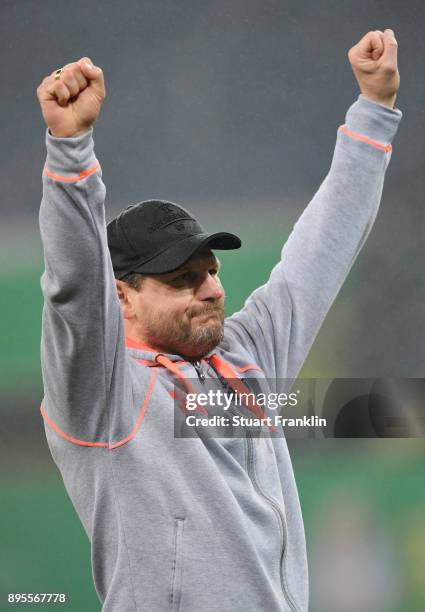 Steffen Baumgart, head coach of Paderborn celebrates after winning the DFB Cup match between SC Paderborn and FC Ingolstadt at Benteler Arena on...