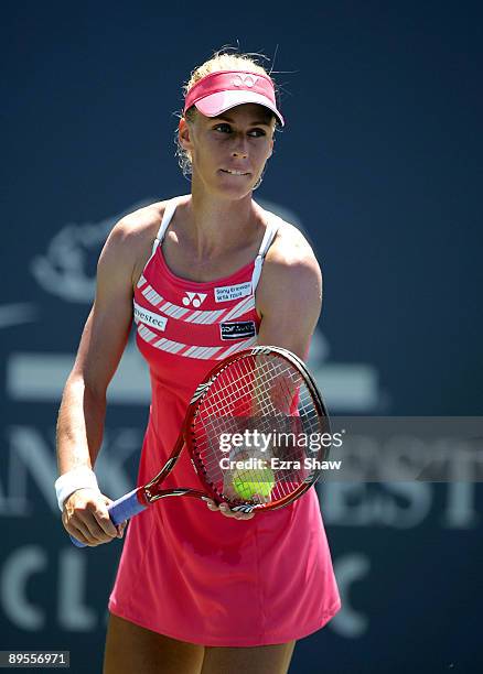 Elena Dementieva of Russia serves to Venus Williams during their semifinal match on Day 6 of the Bank of the West Classic August 1, 2009 in Stanford,...