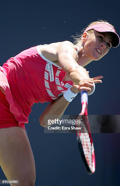 Elena Dementieva of Russia serves to Venus Williams during their semifinal match on Day 6 of the Bank of the West Classic August 1, 2009 in Stanford,...