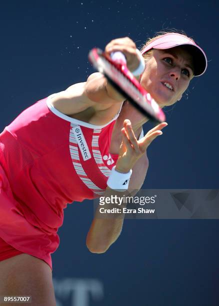 Elena Dementieva of Russia serves to Venus Williams during their semifinal match on Day 6 of the Bank of the West Classic August 1, 2009 in Stanford,...