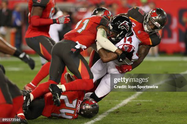Atlanta Falcons wide receiver Justin Hardy is tackled by Tampa Bay Buccaneers middle linebacker Kwon Alexander , Tampa Bay Buccaneers strong safety...