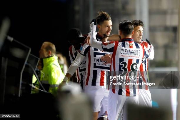 Fran Sol of Willem II celebrates 1-0 with Ismail Azzaoui of Willem II, Thom Haye of Willem II during the Dutch KNVB Beker match between Willem II v...