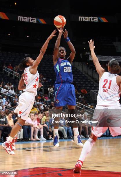 Shameka Christon of the New York Liberty puts up a shot against the Atlanta Dream at Philips Arena on August 1, 2009 in Atlanta, Georgia. NOTE TO...