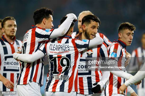 Ismail Azzaoui of Willem II celebrates 3-0 with Thom Haye of Willem II, Mohamed El Hankouri of Willem II during the Dutch KNVB Beker match between...