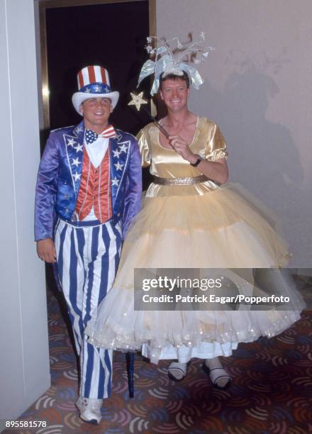 England's Darren Gough and team physiotherapist David Roberts in fancy dress for the team's Christmas Day lunch during the 2nd Test match between...