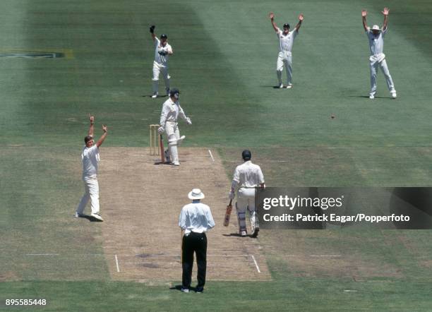 England bowler Darren Gough appeals successfully for the wicket of Australia's captain Mark Taylor, out LBW for 19, in the 2nd Test match between...