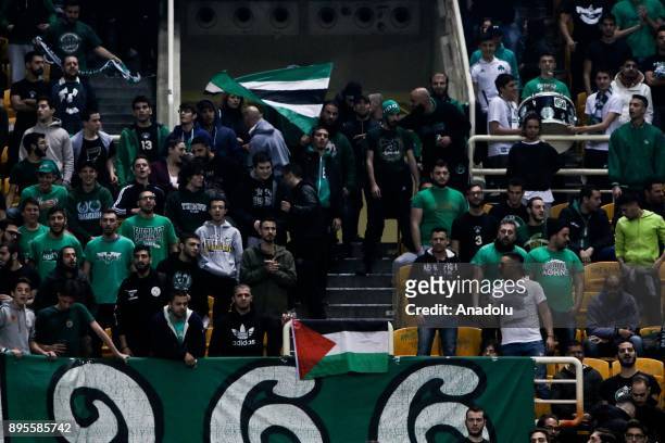 Supporters of Panathinaikos Superfoods Athens hang a Palestinian flag during the Turkish Airlines Euroleague basketball match between Panathinaikos...