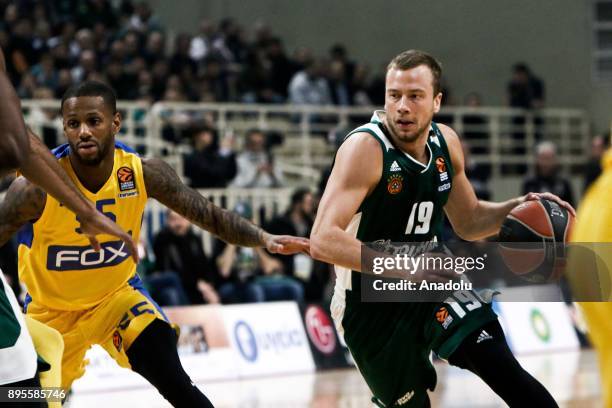 Lukas Lekavicius of Panathinaikos Superfoods Athens in action against Jake Cohen of Maccabi Fox Tel Aviv during the Turkish Airlines Euroleague...