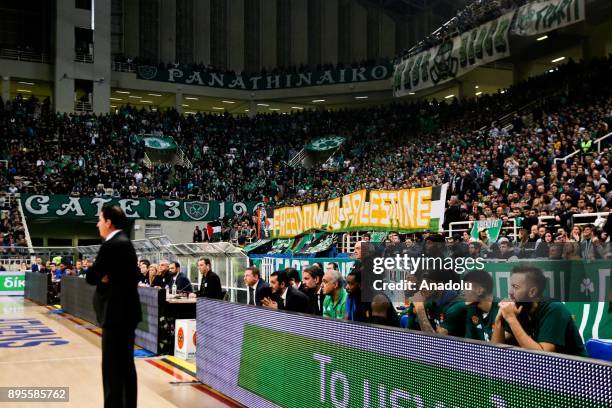 Supporters of Panathinaikos Superfoods Athens hold a banner reading "Freedom to Palestine" during the Turkish Airlines Euroleague basketball match...