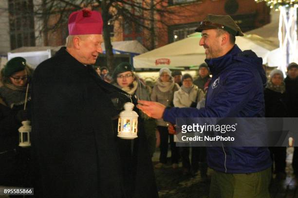 Bishop Wieslaw Szlachetka seen during the Peace Light of Bethlehem transfer ceremony are seen in Gdansk, Poland on 19 December 2017 The Peace Light...