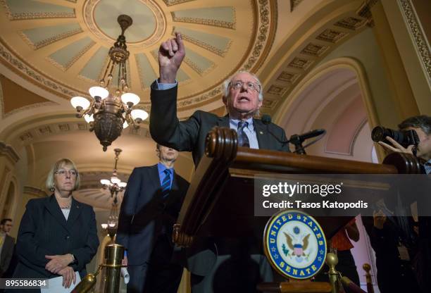 Sen. Bernie Sanders speaks to the press after their Weekly Policy Luncheons on December 19, 2017 in Washington, DC. The House passed the tax cut...