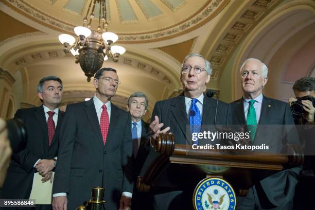 Senate Majority Leader Mitch McConnell speaks to the press after their Weekly Policy Luncheons on December 19, 2017 in Washington, DC. The House...