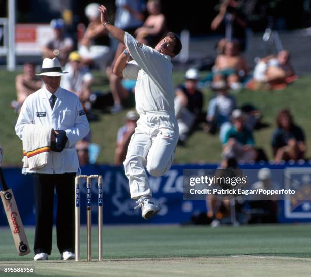 Darren Gough bowling for England during the 2nd Test match between New Zealand and England at the Basin Reserve, Wellington, 6th February 1997. The...