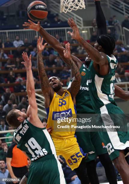 Pierre Jackson, #55 of Maccabi Fox Tel Aviv competes with Lukas Lekavicius, #19 of Panathinaikos Superfoods Athens during the 2017/2018 Turkish...