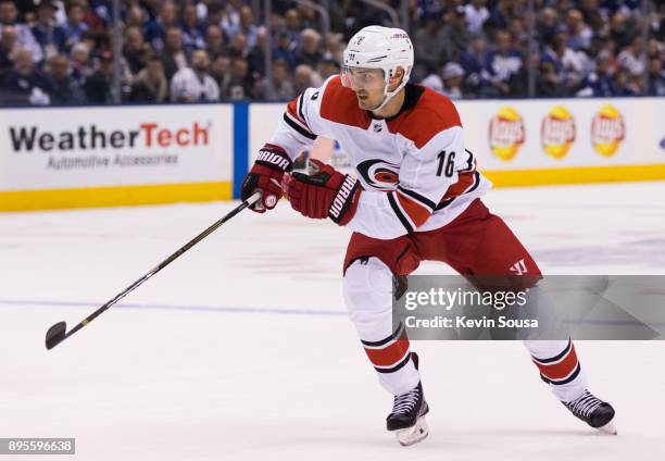 Marcus Kruger of the Carolina Hurricanes skates against the Toronto Maple Leafs during the first period at the Air Canada Centre on December 19, 2017...