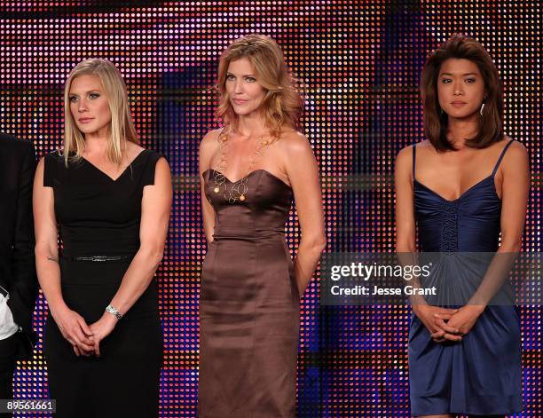 Actresses Katee Sackhoff, Tricia Helfer and Grace Park attend the 25th Annual Television Critics Association Awards Ceremony at The Langham Resort on...