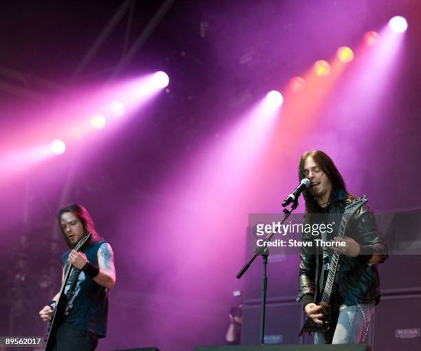 Michael "Padge" Paget and Matthew "Matt" Tuck of Bullet For My Valentine perform on stage on the first day of Sonisphere at Knebworth House on August...