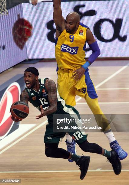 Marcus Denmon, #12 of Panathinaikos Superfoods Athens competes with Alex Tyus, #9 of Maccabi Fox Tel Aviv during the 2017/2018 Turkish Airlines...
