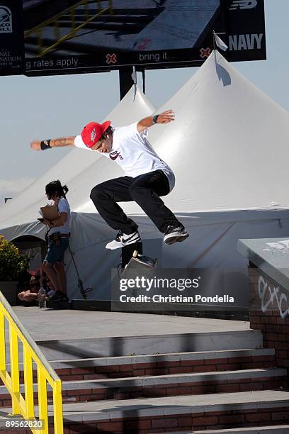 Paul Rodriguez competes in the Men's Skateboard Street finals at Summer X Games 15 at Home Depot Center on August 1, 2009 in Carson, California..