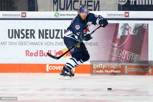 Keith Aucoin of Red Bull Munich during 33th Gameday of German Ice Hockey League match between Red Bull Munich and Krefeld Pinguine at...