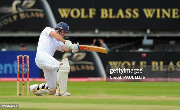 England batsman Andrew Strauss hits out on the fourth day of the third Ashes cricket test between England and Australia at Edgbaston in Birmingham,...