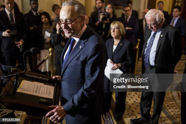 Senator Chuck Schumer, a Democrat from New York, speaks during a news conference following a weekly policy luncheon on Capitol Hill in Washington,...