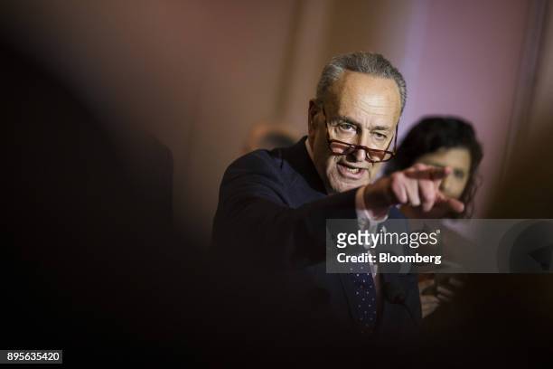 Senate Minority Leader Chuck Schumer, a Democrat from New York, speaks during a news conference following a weekly policy luncheon on Capitol Hill in...