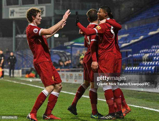 Rhian Brewster of Liverpool celebrates his goal with team mates Matty Virtue, Juanma Garcia and Harry Wilson during the Liverpool v PSV Eindhoven...