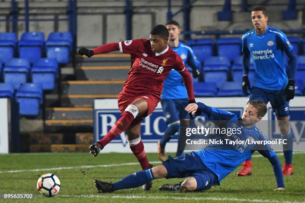 Rhian Brewster of Liverpool and Dante Rigo of PSV Eindhoven in action during the Liverpool v PSV Eindhoven Premier League International Cup game at...