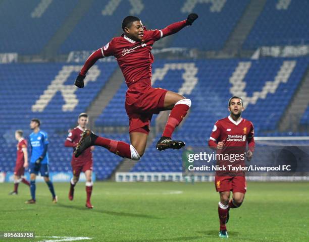 Rhian Brewster of Liverpool celebrates his goal during the Liverpool v PSV Eindhoven Premier League International Cup game at Prenton Park on...